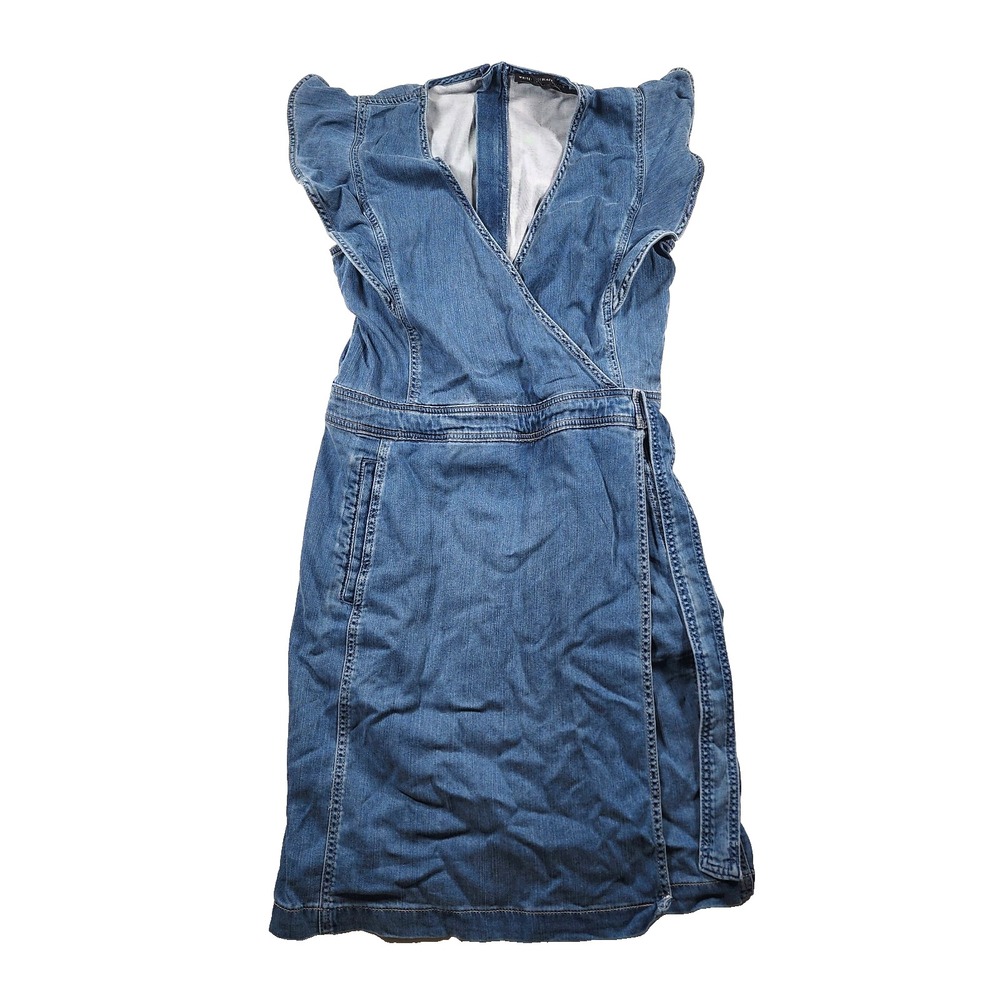 White House Black Market Dress Womens 8 (Medium) Denim Wrap Flutter Sleeve Y2K
